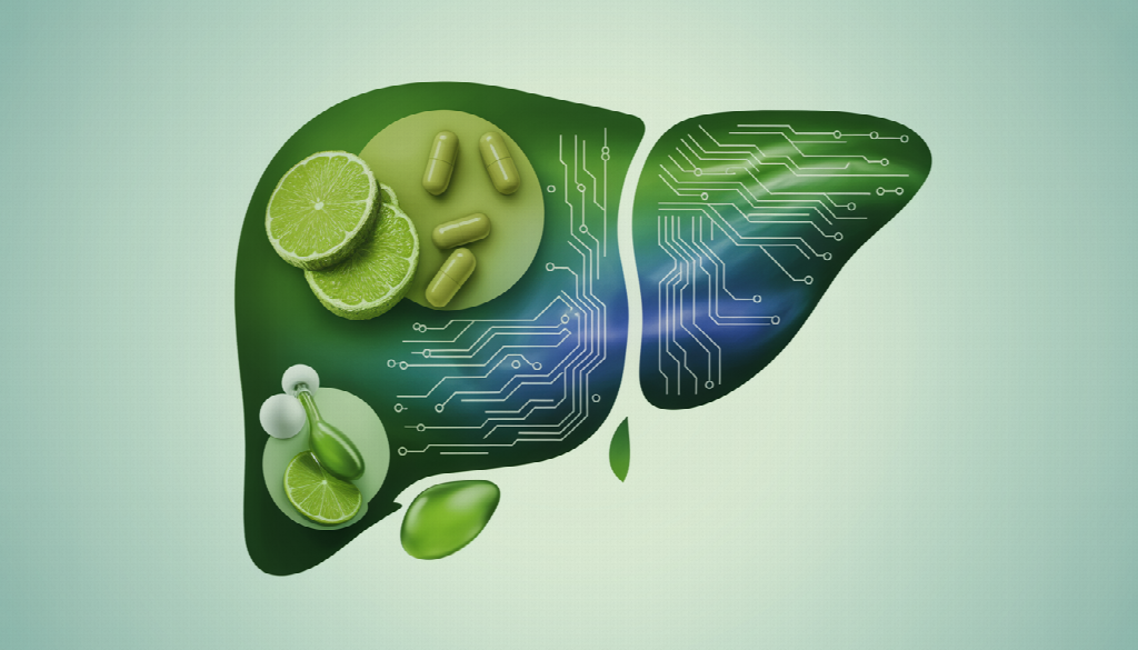 The image elegantly blends the shape of a healthy liver with digital circuit motifs, surrounded by abstract representations of supplements.