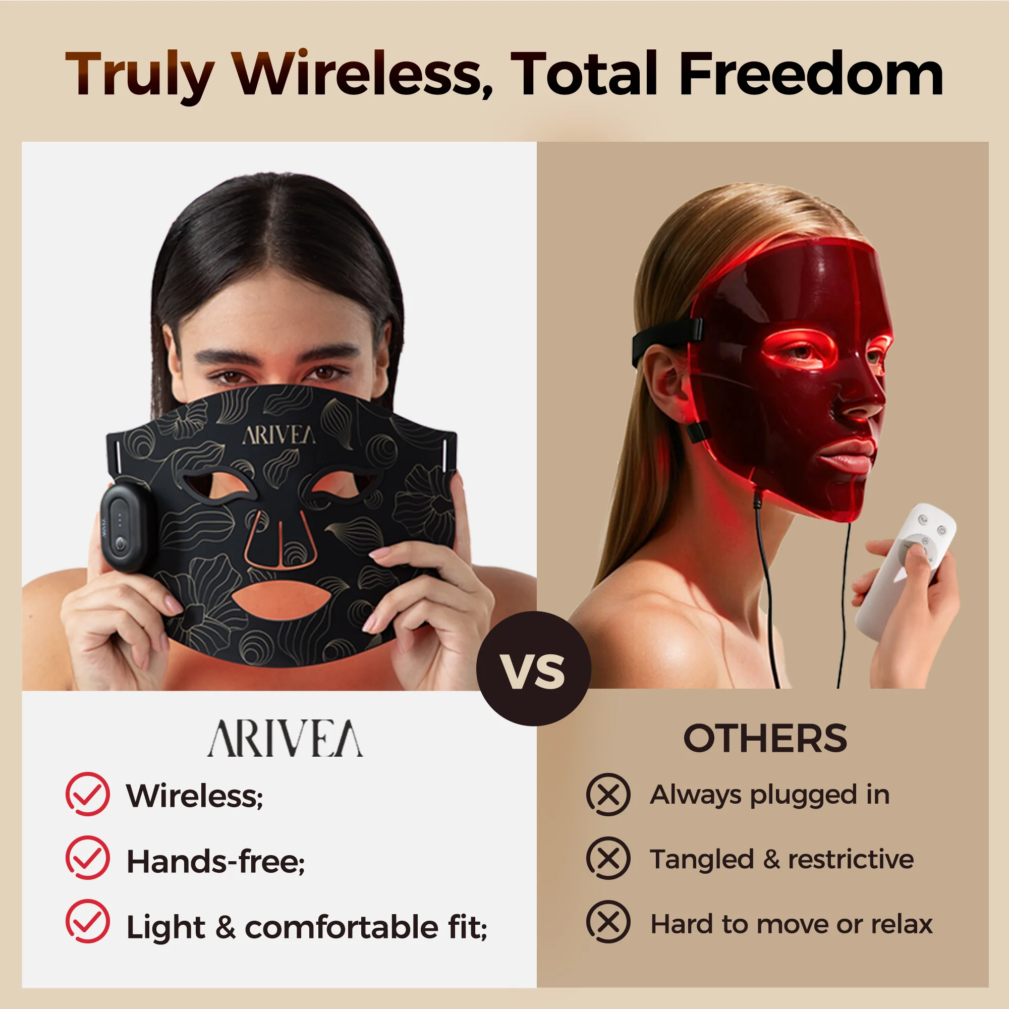 Arivea - Wireless Red Light Therapy Mask for Face, Rechargeable NIR LED, Home & Travel