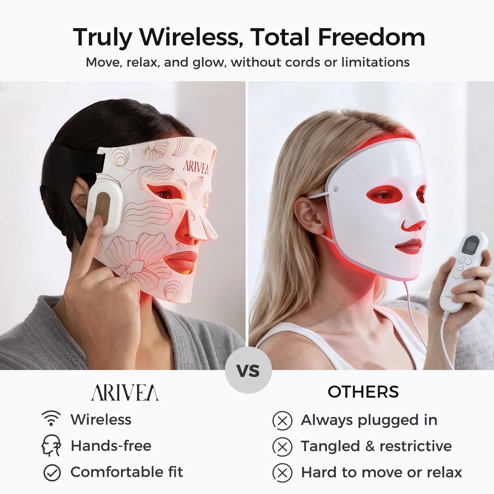 Arivea - Wireless Red Light Therapy Mask for Face, Rechargeable NIR LED, Home & Travel